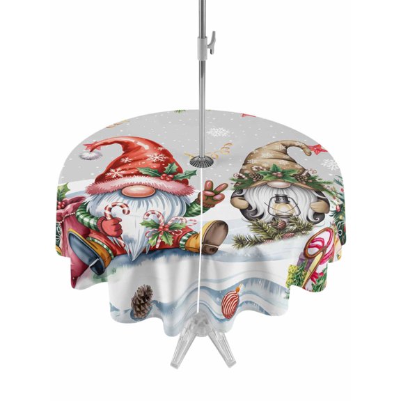 Outdoor Tablecloth with Umbrella Hole and Zipper, Grey Christmas Round Table Cloth 54 Inch Waterproof Tablecloth, Gnomes Xmas Tree Snowflake Gifts Picnic Table Cover for Patio Camping