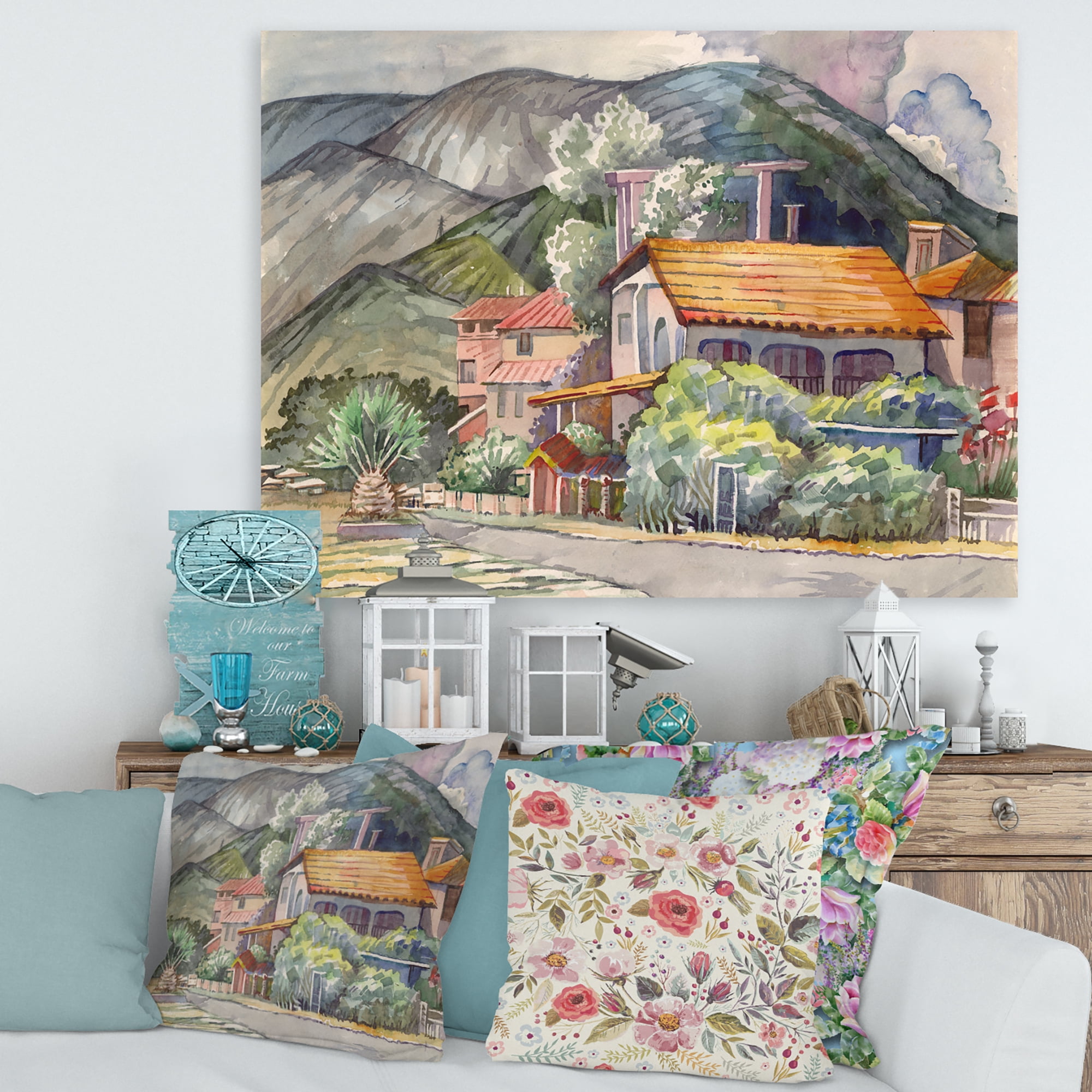 Greek Mountains Landscape Off The Coast Of The Aegean Sea 12 in x 8 in Painting Canvas Art Print, by Designart