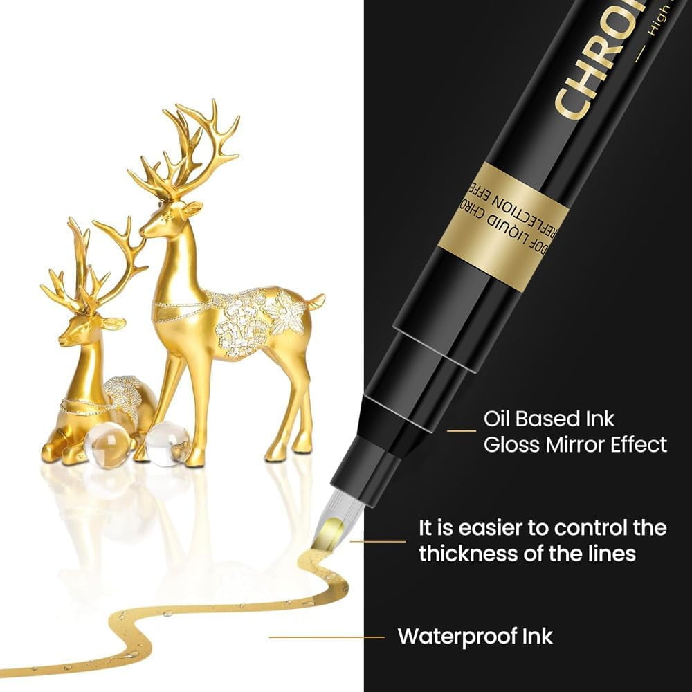 Liquid Gold Chrome Pen, Liquid Gold Chrome Markers, Supper Golden Metallic Paint Pens, Liquids Chromes Golds Paint Pen, For Repairing Ceramic, Plastic, Metal, Glass, And Art Craft Model Cars (5PC)
