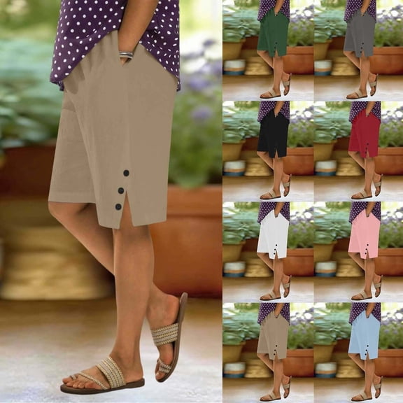 Hueook Vacation Shorts Sweat Shorts for Women's Summer Plus Size Linen Solid Color Loose Straight Leg Pants with Pockets Elastic Waist and Back Pockets Five-Inch Length Khaki L