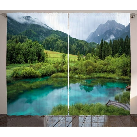 Curtains And Drapes Near Me Landscape Curtains 2 Panels Set, Photo of Zelenci Pond near Kranjska Gora in Slovenia Idyllic View Scenic Scenery, Window Drapes for Living Room Bedroom, 108W X 108L Inches, Green Aqua, by Ambesonne ()