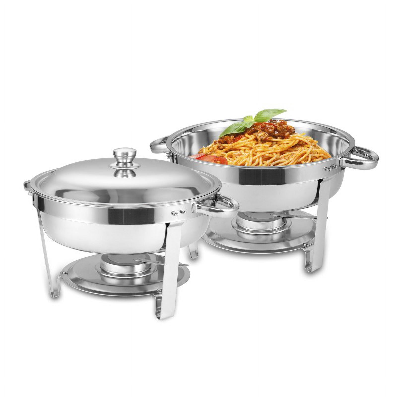 Round Buffet Catering Dish Set of 2 with Stainless Steel Construction, 5-Quart Chafing Dish for Weddings and Gatherings, Silver