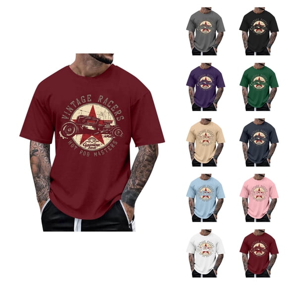 T Shirts for Men 2026 Summer Casual Short Sleeve Crewneck Vintage Racers Hot Rod Masters Graphic Tees Streetwear