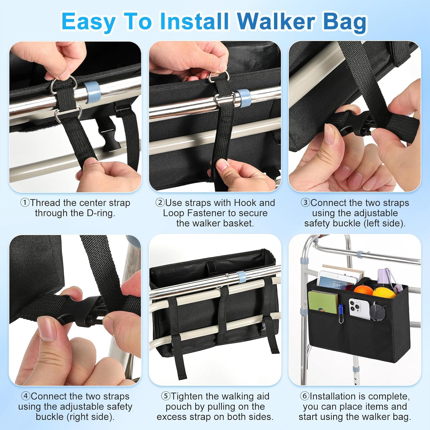 Rhino Valley Walker Basket, Large Capacity Basket for Walkers with Multi Pockets, Hand-Free Carry Pouch Storage Bag Walker Accessories for Universal Walkers for Seniors, Black