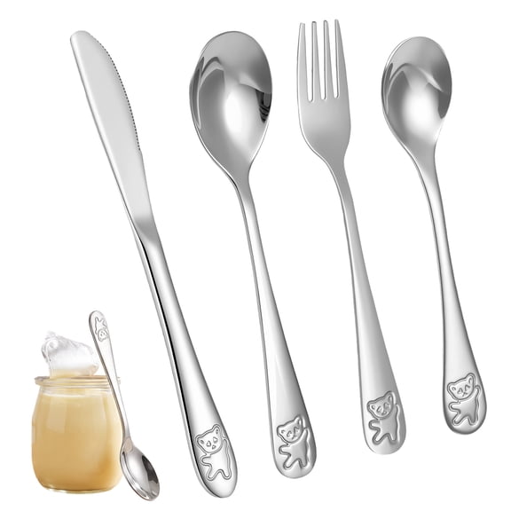 4Pcs Stainless Steel Silverware Set Cartoon Little Bear Utensils Set Ergonomic Fork and Spoon Kit Flatware Set Dishwasher Safe