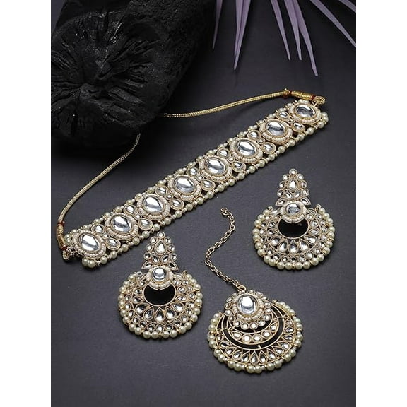 Women's Traditional Indian Gold-Plated Choker Necklace Set with White Stones & Beads Includes Earrings & Maang Tikka