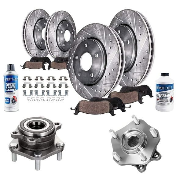 Detroit Axle - Wheel Bearing Hubs Brake Kit for 2014-2019 Nissan Rogue, Drilled & Slotted Brake Rotors Ceramic Brake Pads Wheel Bearing Hubs Front Rear Replacement