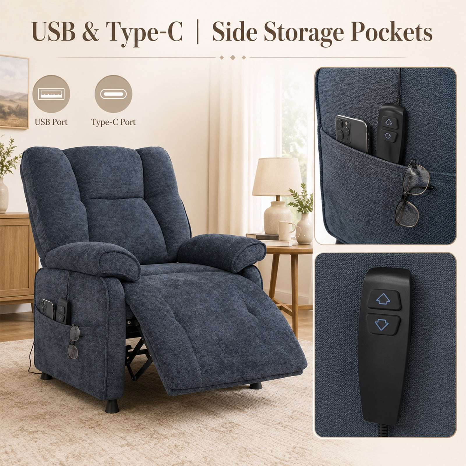 Leumius Recliner Chair, Ergonomic Tufted Cushion Single Recliner with Chenille Fabric, Side Storage Pocket, Anti-Slip Wooden Legs, 300lbs Capacity for Living Room Bedroom Gaming Lounge,Blue