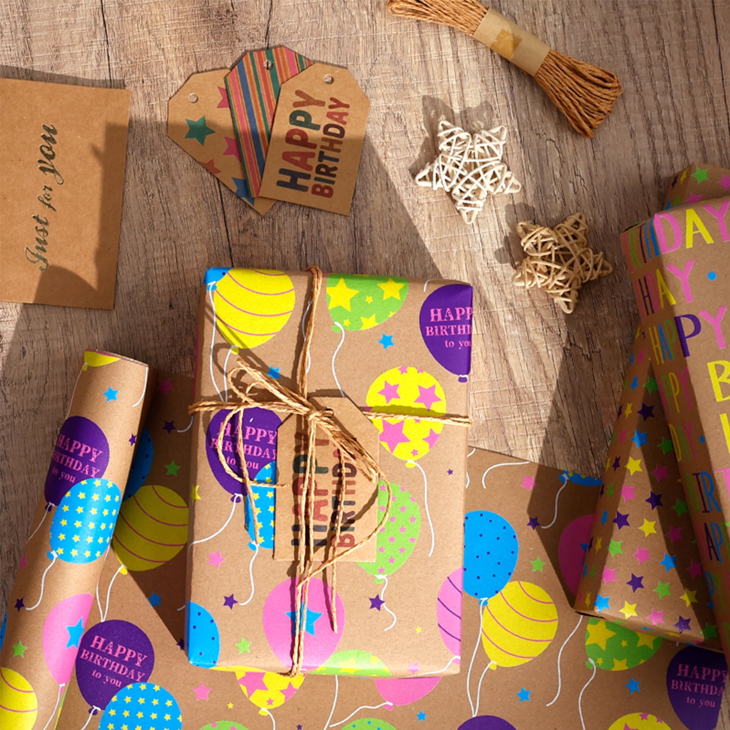 Kraft Birthday Wrapping Paper, Vintage Brown Gift Wrap Paper with Colorful Balloons Candles Happy Birthday for Party - 3 Rolls, 17 inch X 120 inch Each