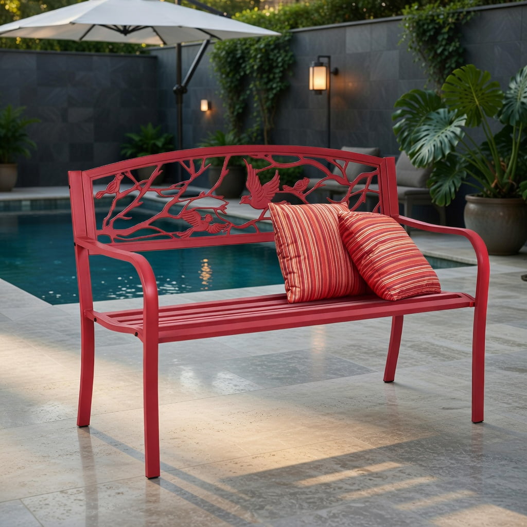 Hommoo Steel & Cast Iron Outdoor Garden Bench for Patio, Yard, Deck or Park, with Ergonomic Backrest and Armrests, Red