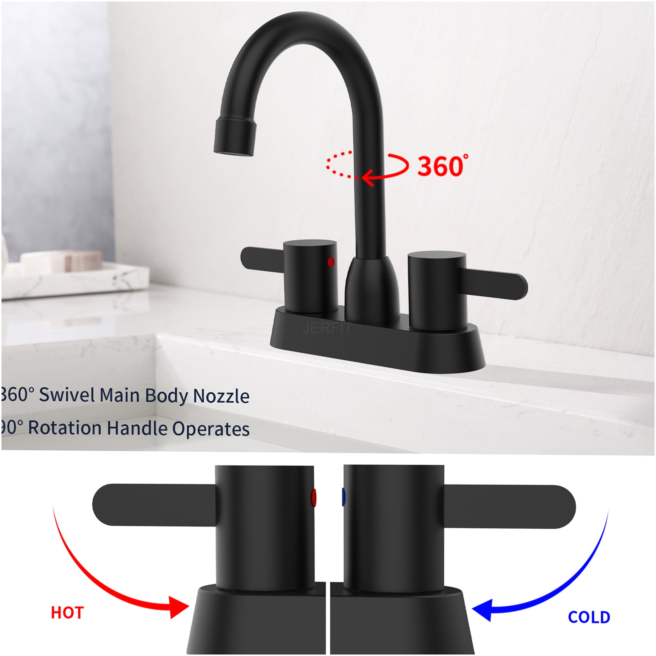 JERFIT Modern Centerset Bathroom Sink Faucet 2-Handle, Matte Black 3-Hole Mount RV Vanity Faucet with Pop-Up Drain Assembly