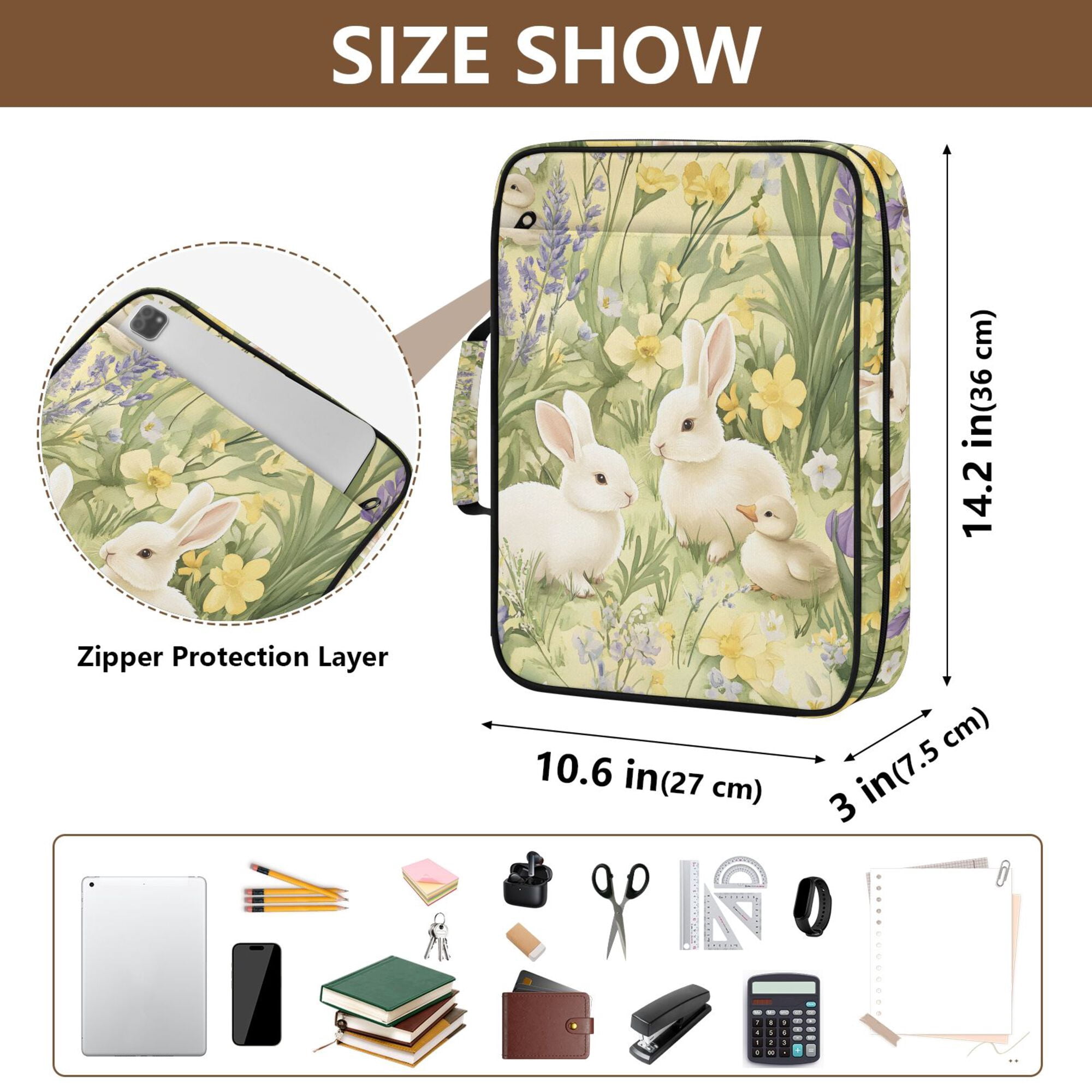 FORMRS Accordion File Folder A4 Size 7-Pocket Expanding Document Organizer Bag with 3 Ring Binder, Yellow Floral Rabbit