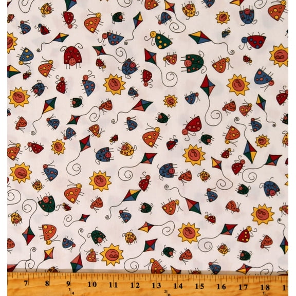 Poplin Bugs Kites Suns on White 60" Wide Poly/Cotton Fabric by the Yard (8384B-2D)