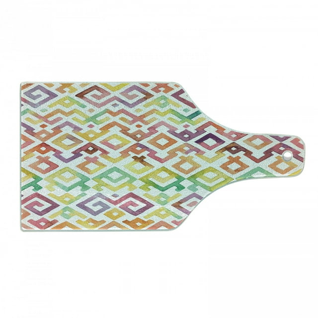 Watercolor Cutting Board, Ornamental Pattern Twisted Lines Geometric Boho Design, Decorative Tempered Glass Cutting and Serving Board, Wine Bottle Shape, Multicolor, by Ambesonne