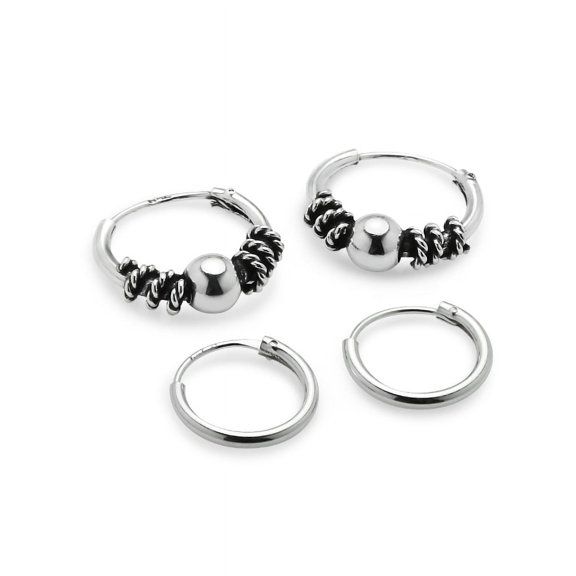 Sterling Silver 10mm & 12mm Polished and Bali Bead Endless Hoop Earrings, Set of 2