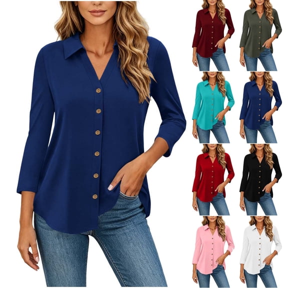 akafmk Womens 3/4 Sleeve Button Down Shirts V Neck Curved Hem Casual Work Blouses Summer Fall Tops