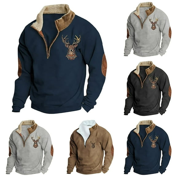 KKBOTIVE Mens Aztec Casual Long Sleeve 1/4 Zip Pullover Retro Deer Graphic Western Hoodies Mens Country Jacket Khaki Size: XL