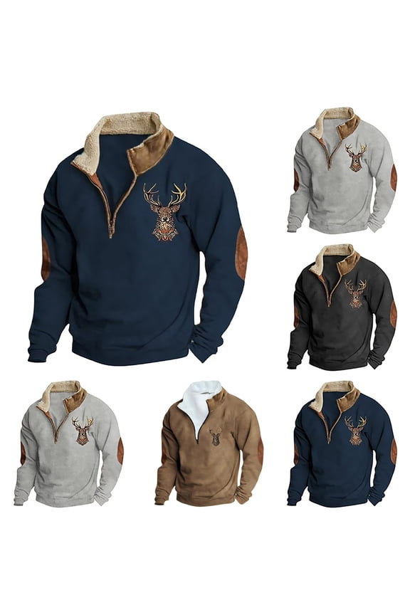 Mens Aztec Casual Long Sleeve 1/4 Zip Pullover Retro Deer Graphic Western Hoodies Mens Country Jacket Khaki Size: XL