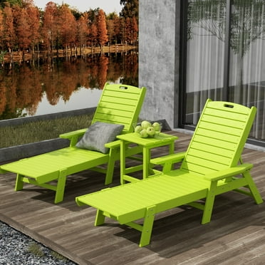 Polytrends  Laguna Hdpe All Weather Outdoor Patio Pool Reclining Chaise Lounges With Square Side Table (3-Piece Set) Lime Green