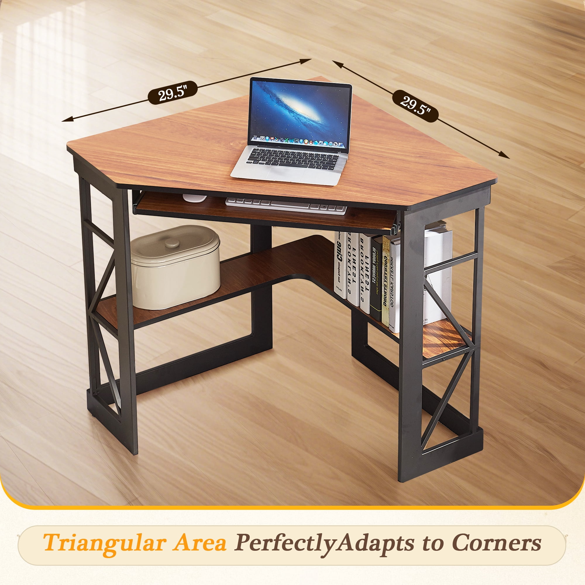 VECELO Corner Computer Desk with Keyboard Tray and Storage Shelf, Student Study Writting Table Workstation for College Dorm Apartment Home Office, Brown (90 Degrees)
