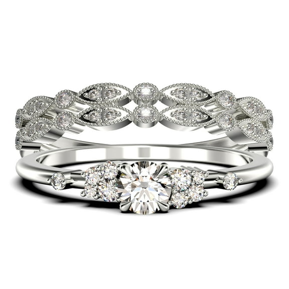 Salt And Pepper Minimalist 1.75 Carat Round Cut Diamond Moissanite Engagement Ring, Dainty Wedding Ring in 10k Solid White Gold, Promise Ring, Anniversary Ring, Trio Set, Matching Band