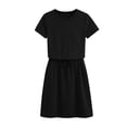 thumbnail image 6 of Women's Casual Short Sleeve T Shirt Dress Drawstring Elastic Waist Knee Length Crew Neck Straight Fit Jersey Dress with Pockets Lightweight Athletic Sporty Sun Dress, 6 of 6