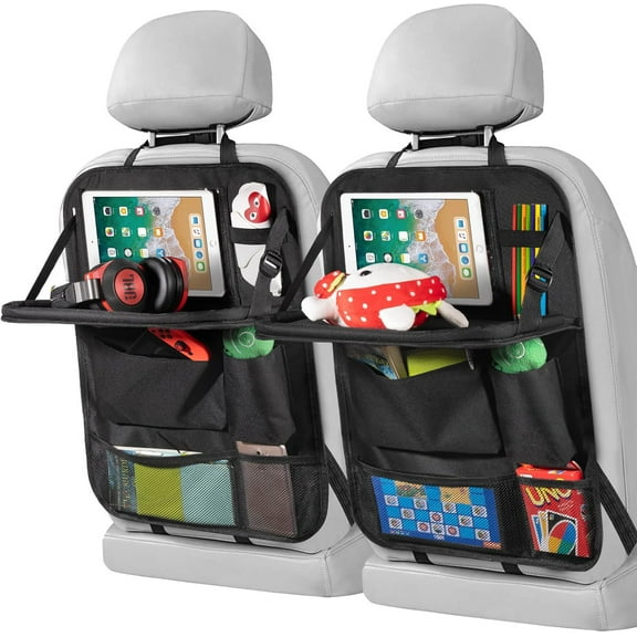 Car Backseat Organizer with Touch Screen Tablet Holder,6 Storage Pockets Storage Organizer,Protectors Kick Mats Travel Accessories (Black, 2 Pack with Food Tray)