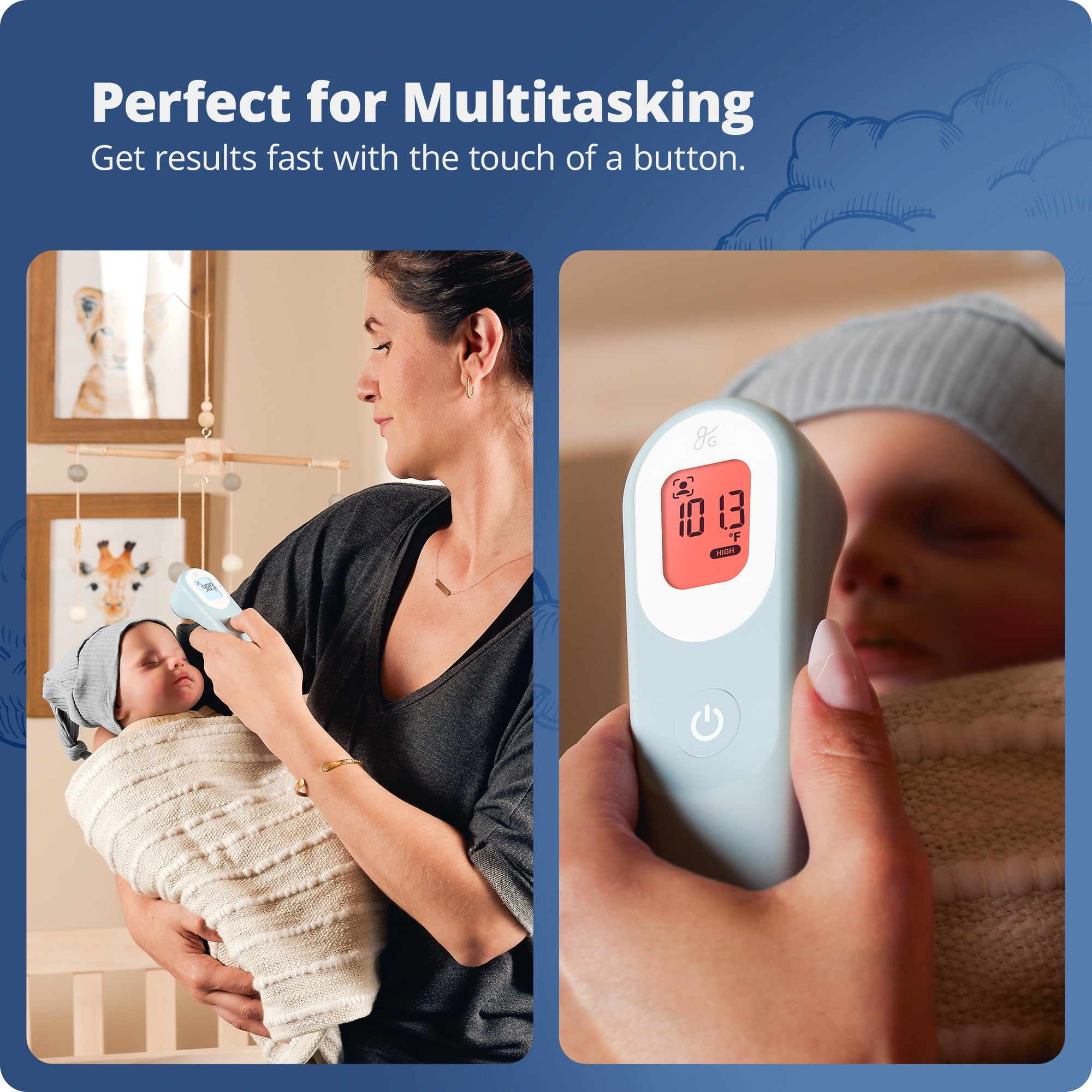 Greater Goods No-Touch Baby Thermometer for Infants, Newborns & Toddlers with Fever Alarm and Instant Accuracy Readings, Blue
