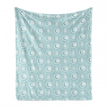Oriental Soft Flannel Fleece Throw Blanket, Monochrome Bohemian Illustration of Floral Details and Crescent Moon, Cozy Plush for Indoor and Outdoor Use, 50" x 70", Blue Grey and White, by Ambesonne