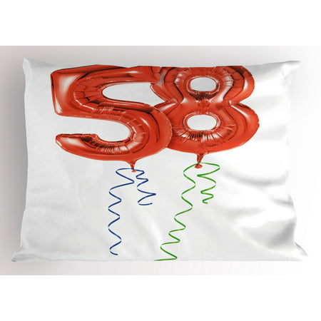 58th Birthday Pillow Sham Getting Older Best Wishes Balloons Party Day Anniversary Artwork Picture, Decorative Standard Size Printed Pillowcase, 26 X 20 Inches, Red and White, by