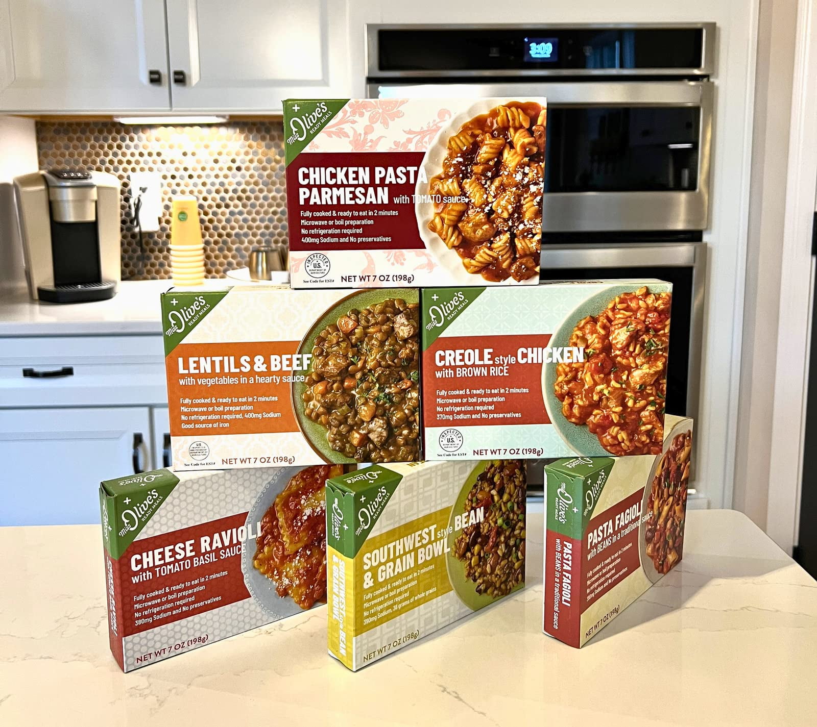 Miss Olives Variety Pack Microwavable Low Sodium Ready Meals (Bundle of 6)-1 of Each Flavor