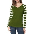 thumbnail image 2 of MODA NOVA Junior's Striped Raglan Long Sleeves V Neck Tee Shirt Green-White L, 2 of 6