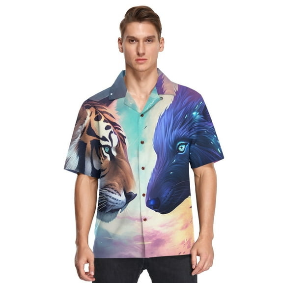Tiger Wolf Men's Hawaiian Wrinkle Free Button Down Short Sleeve Shirt Casual Shirts Beach Shirts