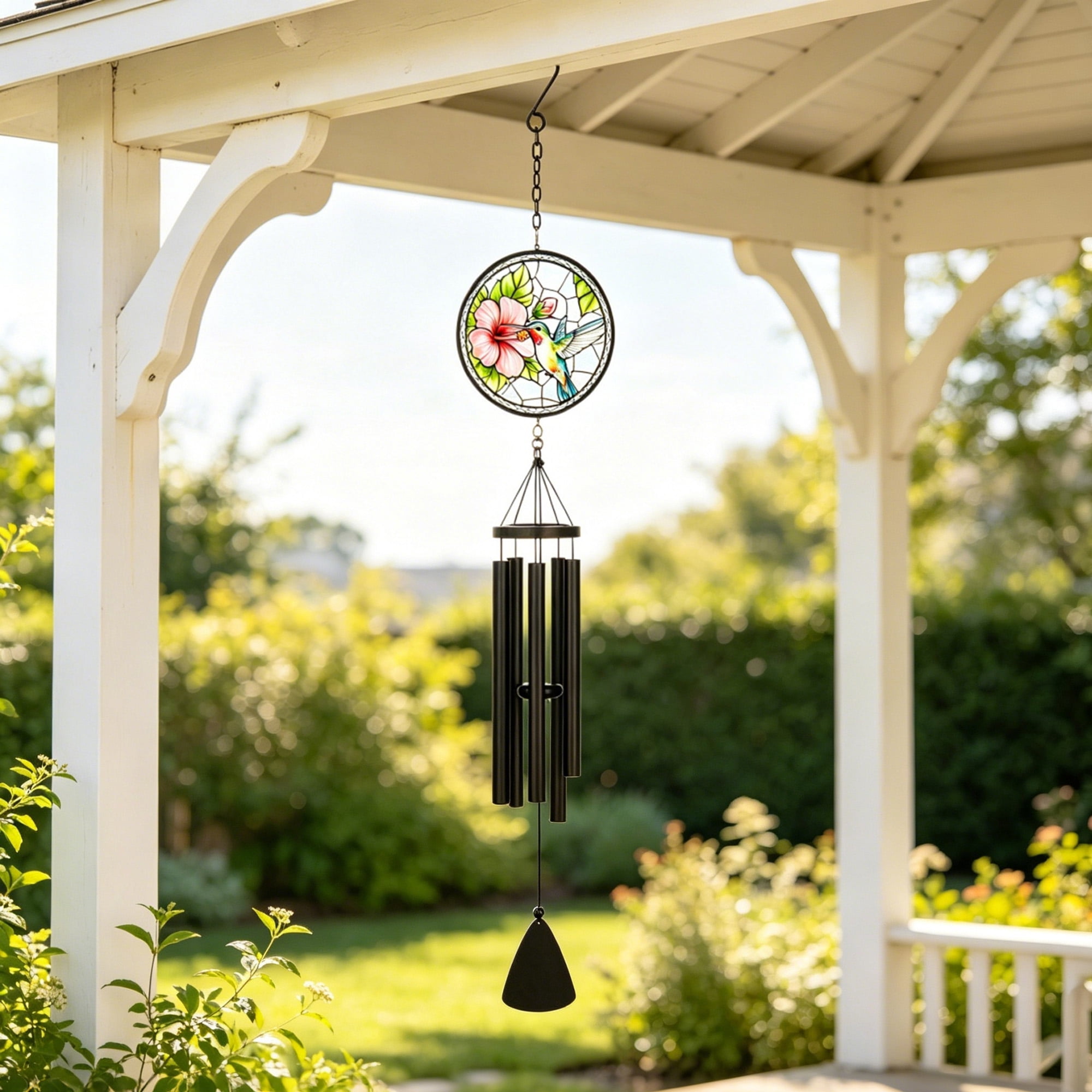 40 Inch Hummingbird Stained Glass Wind Chime, Tuned 0.75” Diameter Metal Tubes, Weather Resistant Outdoor Indoor Decor Wind Chime for Garden, Patio & Home Window