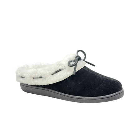 

Open Back Suede Leather Comfort Clog Slipper JMS0404 - Warm Plush Faux Fur Lining - Indoor Outdoor House Slippers For Women (9 M US Black)