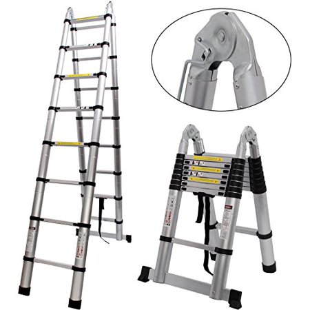 A-Frame Ladders Extendable Telescopic 1.9M+1.9M Ladder Heavy-Duty Multi Purpose Straight Attic Loft Ladder Portable Folding Aluminium Ladders, Maximum Height 3.8M/ 12.5FT