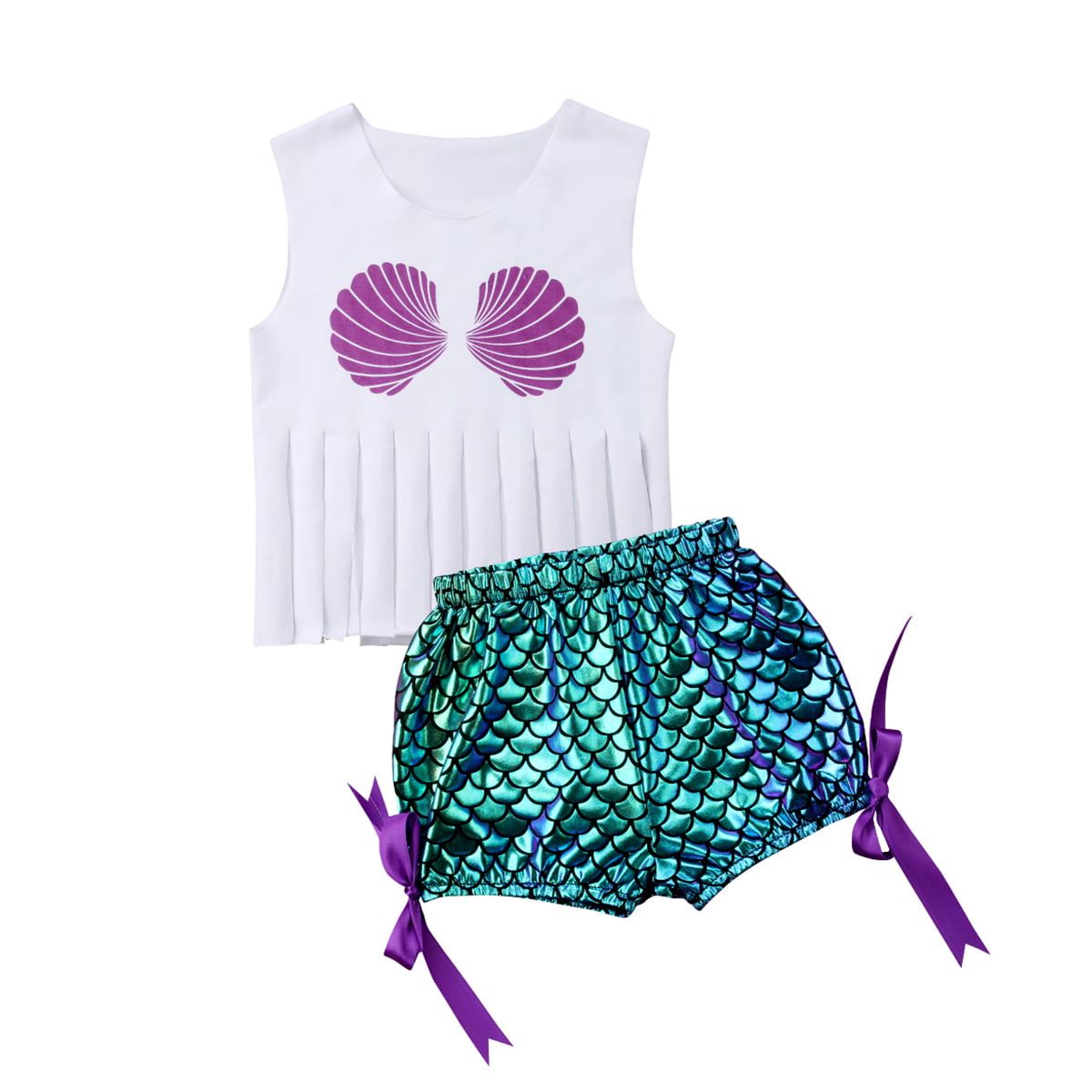 EGELEXY Summer Baby Girls Mermaid Vibes Print Vest Tops Fish Scale Short Pants Sets