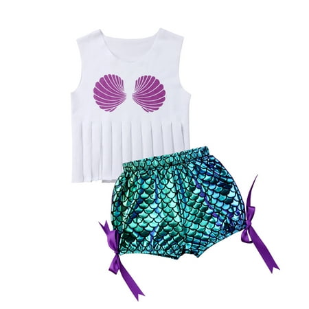 Infant Baby Girls Sleeveless Tassel Tank Top + Mermaid Fish Scale Shorts Pants 2Pcs Outfit Set