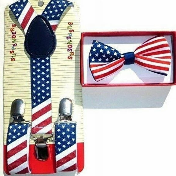 American Flag Kids Baby Suspenders and Bowtie Set Elastic Adjustable Patriotic - New with box/tags