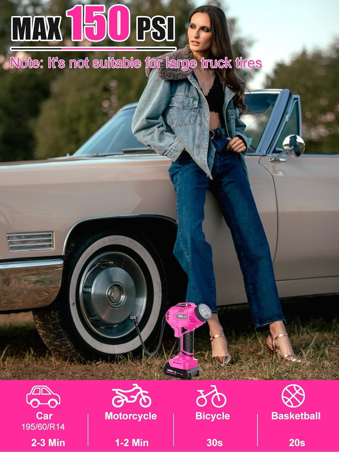Tire Inflator Portable Air Compressor, Pink Cordless Car Tire Pump with 20V Rechargeable Battery, 12V Car Power Adapter, 150 PSI Handheld Air Pump for Car, Motorcycle, and Bike, Gift for Women