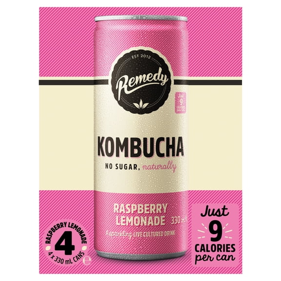 Remedy Kombucha - Raspberry Lemonade 4 x 330ml, Imported from Britain