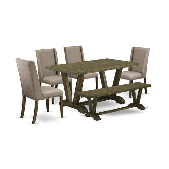 East West Furniture V-Style 6-piece Dining Set with Fabric Chairs in Brown