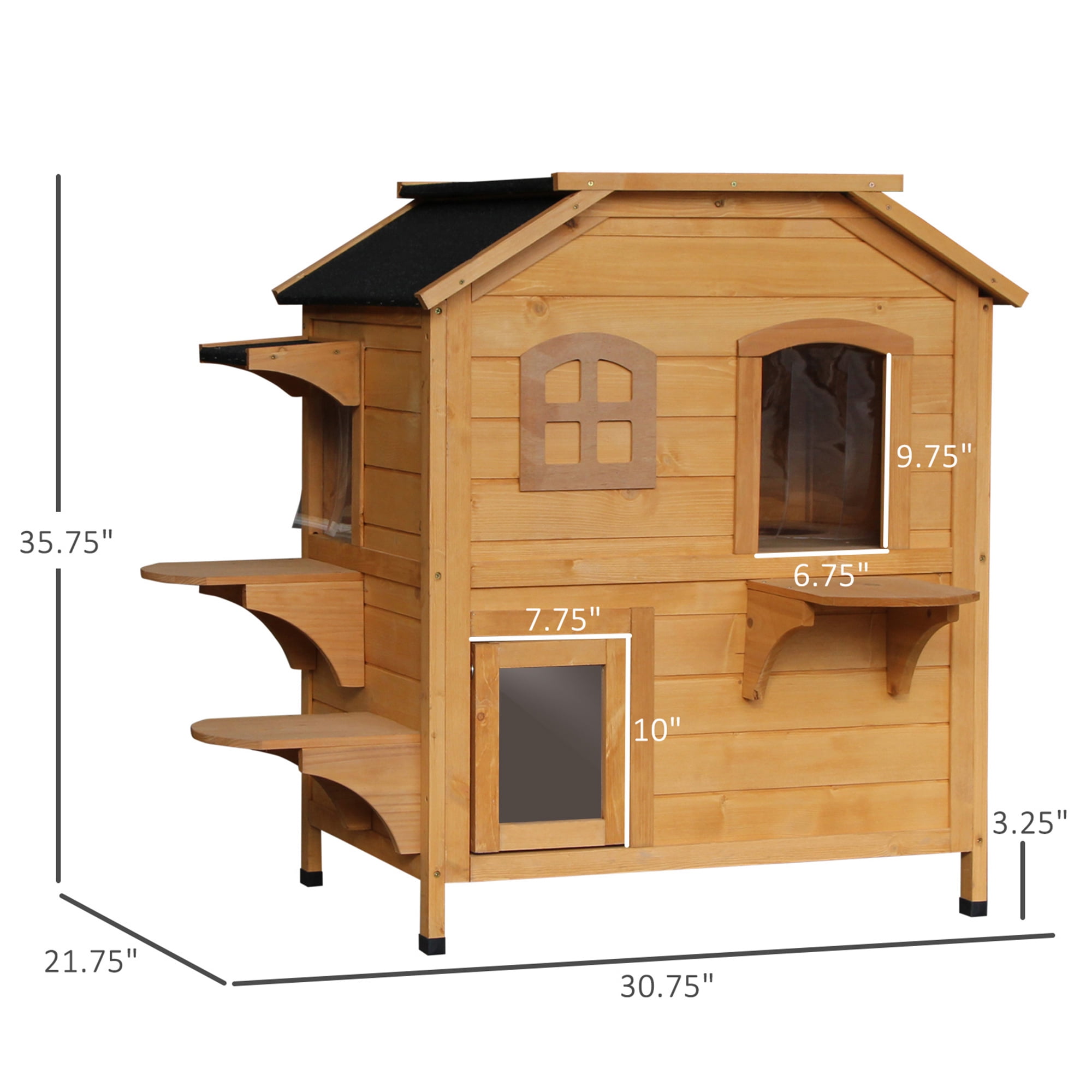 Noaman PawHut 2-Story Outdoor Cat House, Weatherproof Wooden Cat Enclosure for Feral Cats with Escape Door, Openable Roof, Jumping Platforms, Natural Wood, 35"L x 29.1"W x 6.2"H, 37lbs