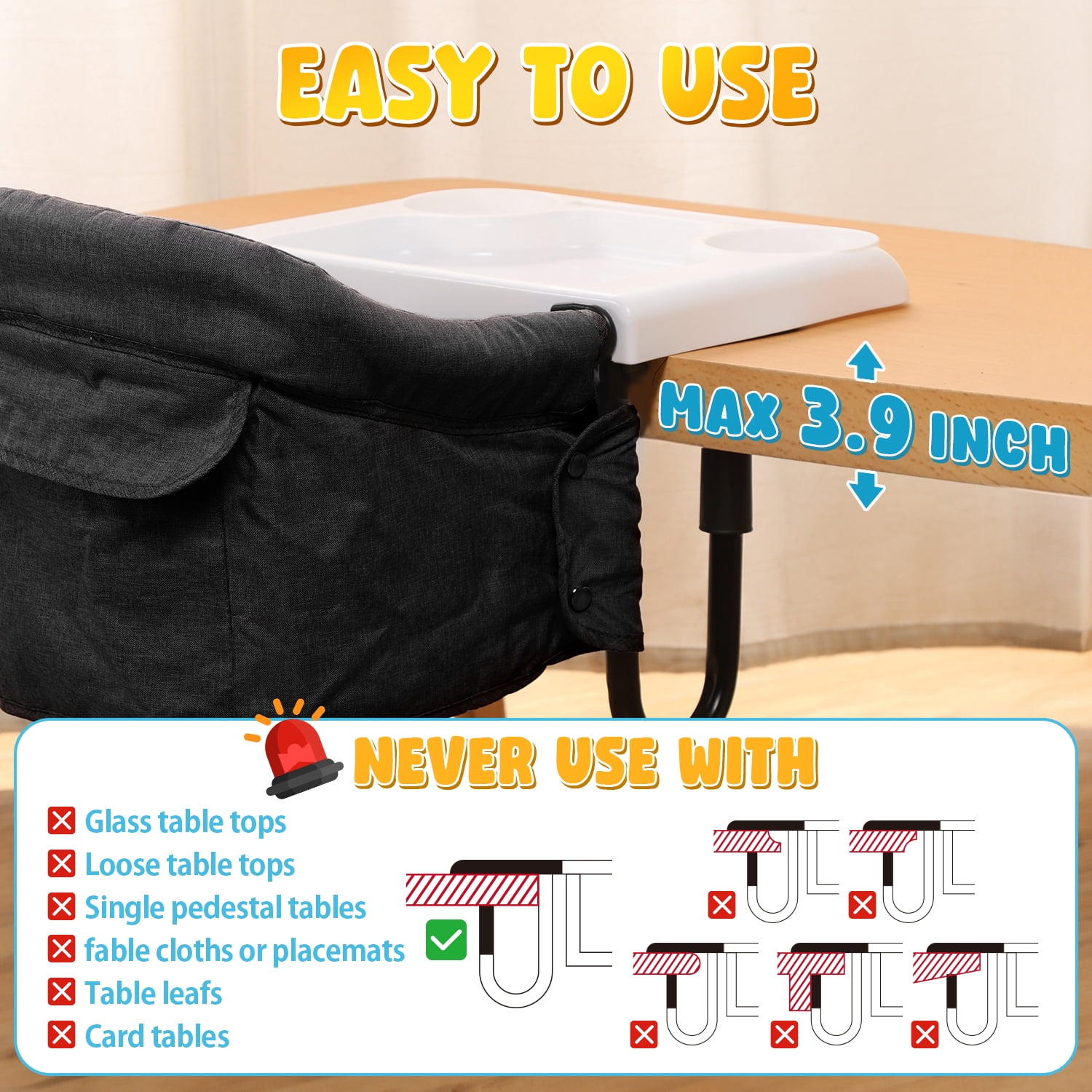 WonderStone Hook On Chair, Portable High Chair with Tray, Storage Bag & Free Accessories, Clip-On Table Chair for Baby and Toddler, Ideal for Home and Travel, Black