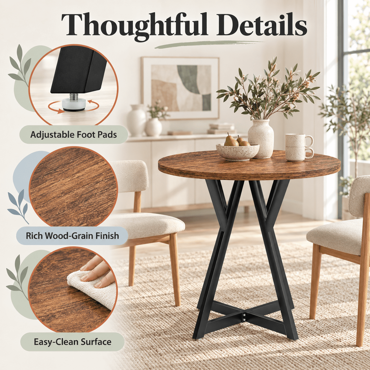 Furnibear 36 Inch Round Dining Table with Sturdy Metal Pedestal Base, Rustic Wood Grain for Kitchen Dining Room Small Space, Antique