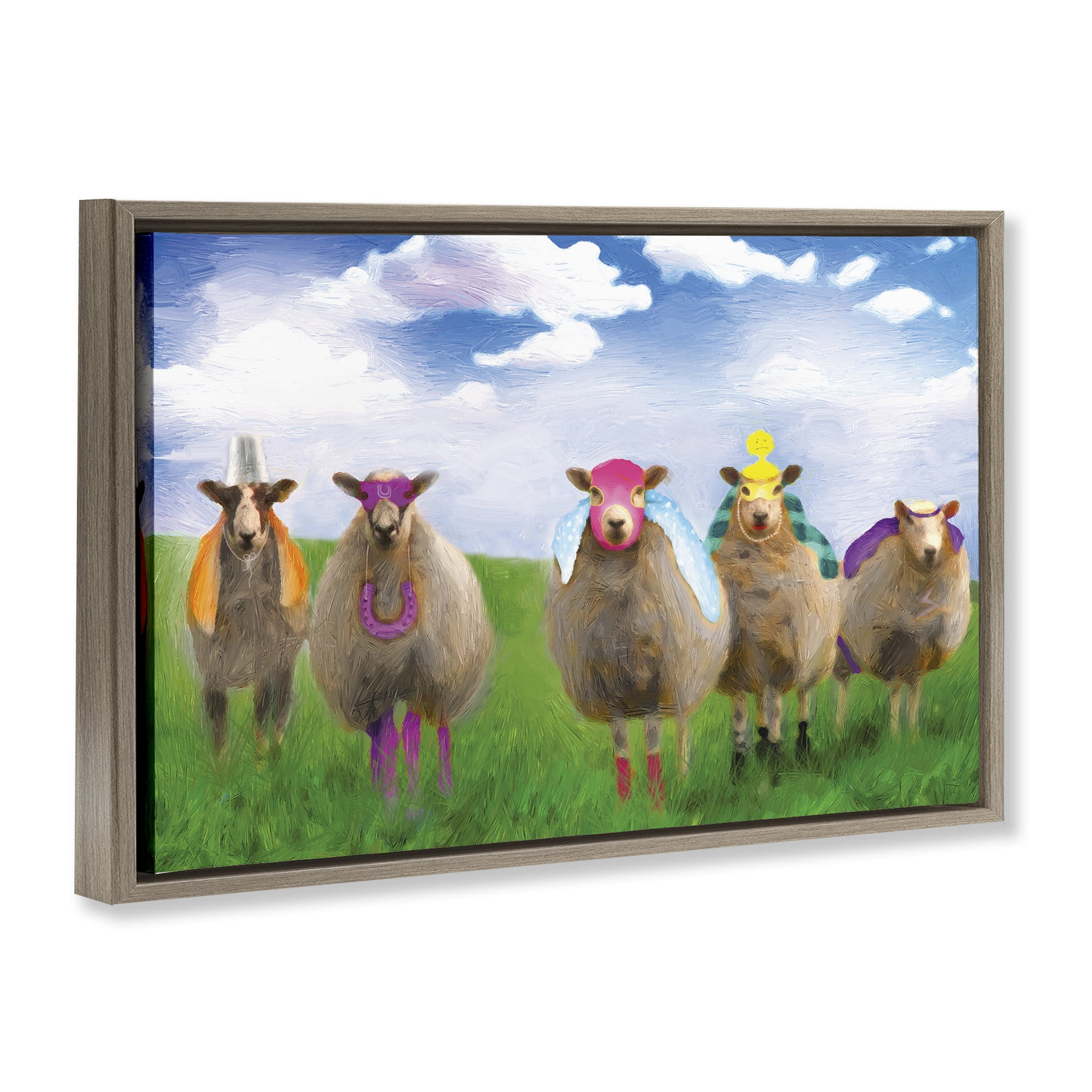 Stupell Industries Superhero Sheep in Field Animals & Insects Painting Brown Floater Framed Canvas Art Print Wall Art, 31 x 21