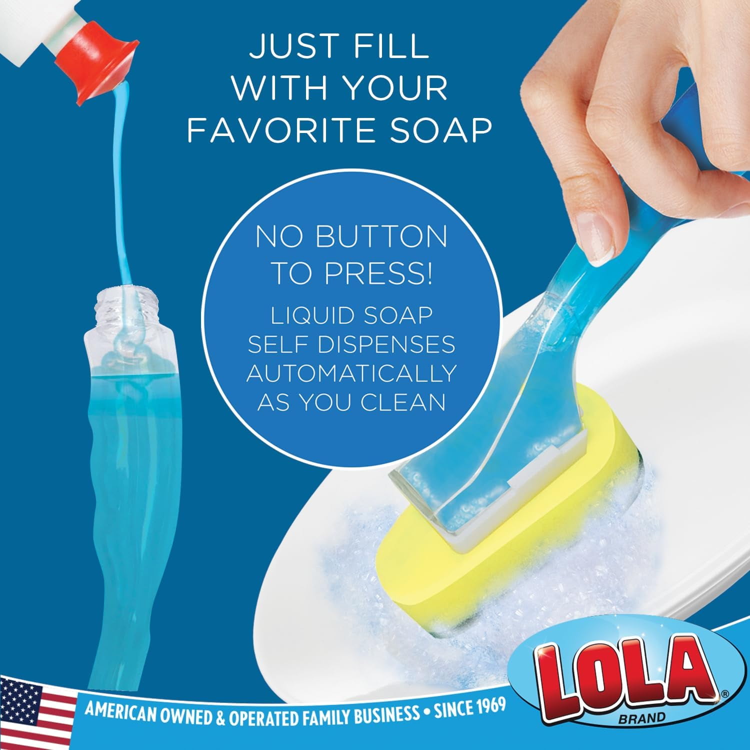 Dish Brush w/Soap Dispenser Wand, 1 Brush w/Head & 6 Refills, Absorbent Sponge Scrubber, No Leaking. Clean Dishes, Sinks and Cookware