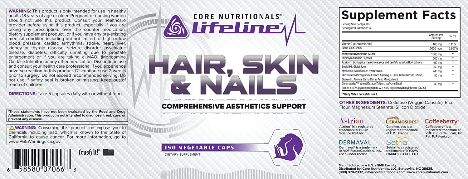 Core Nutritionals Lifeline Hair, Skin, and Nails, Comprehensive Aesthetics Support, 150 Capsules