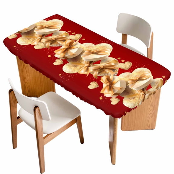 Red Valentine's Day Table Cloths for 4 Foot Rectangle Tables, Golden Valentines Gifts Love Hearts Patio Waterproof Elastic Fitted Tablecloths, Washable Rectangular Table Cover for Camping