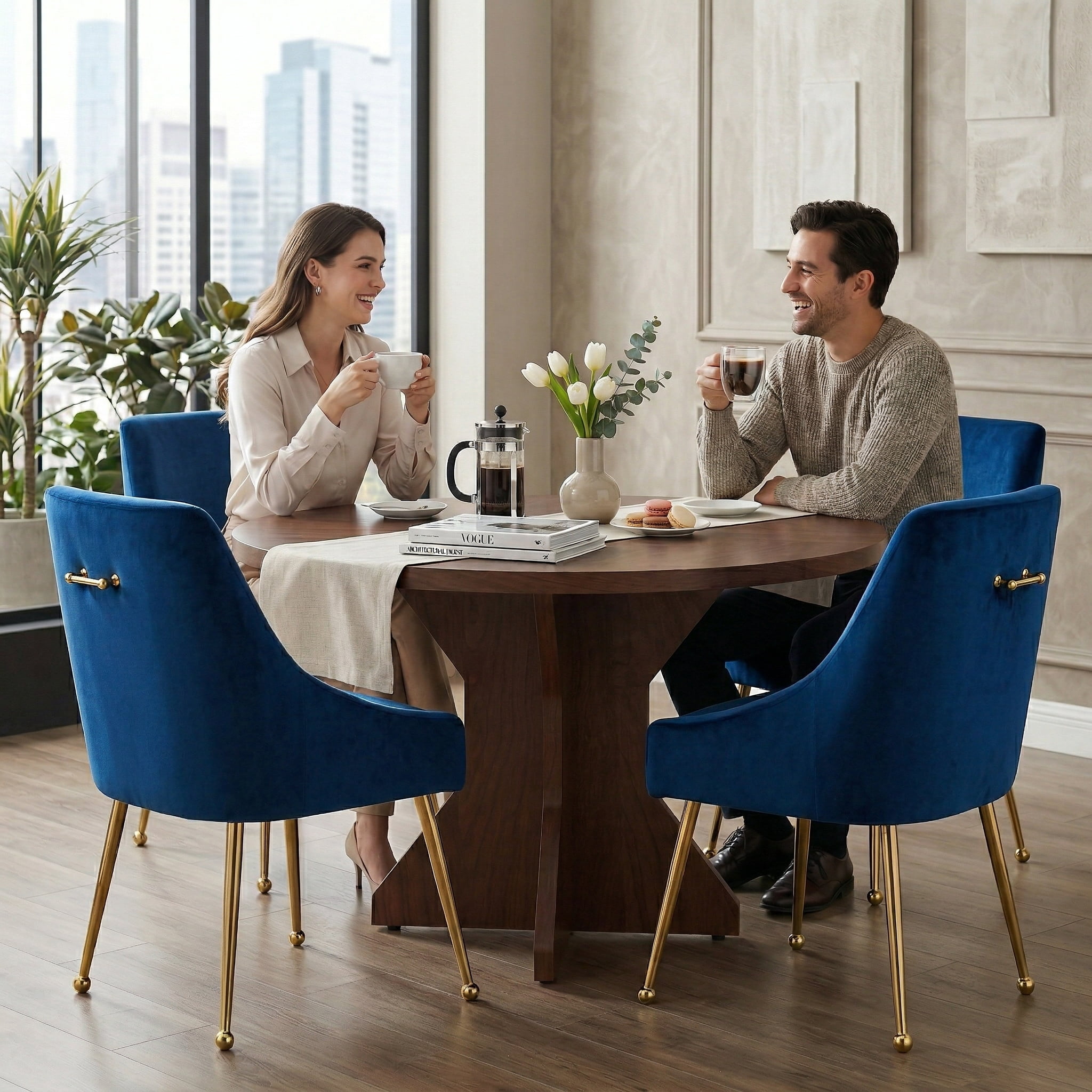 Restworld Velvet Dining Chairs Set of 2, Modern Upholstered Dining Chairs with Gold Metal Legs,Tufted Dining Chairs for Living Room, Bedroom, Kitchen,Blue